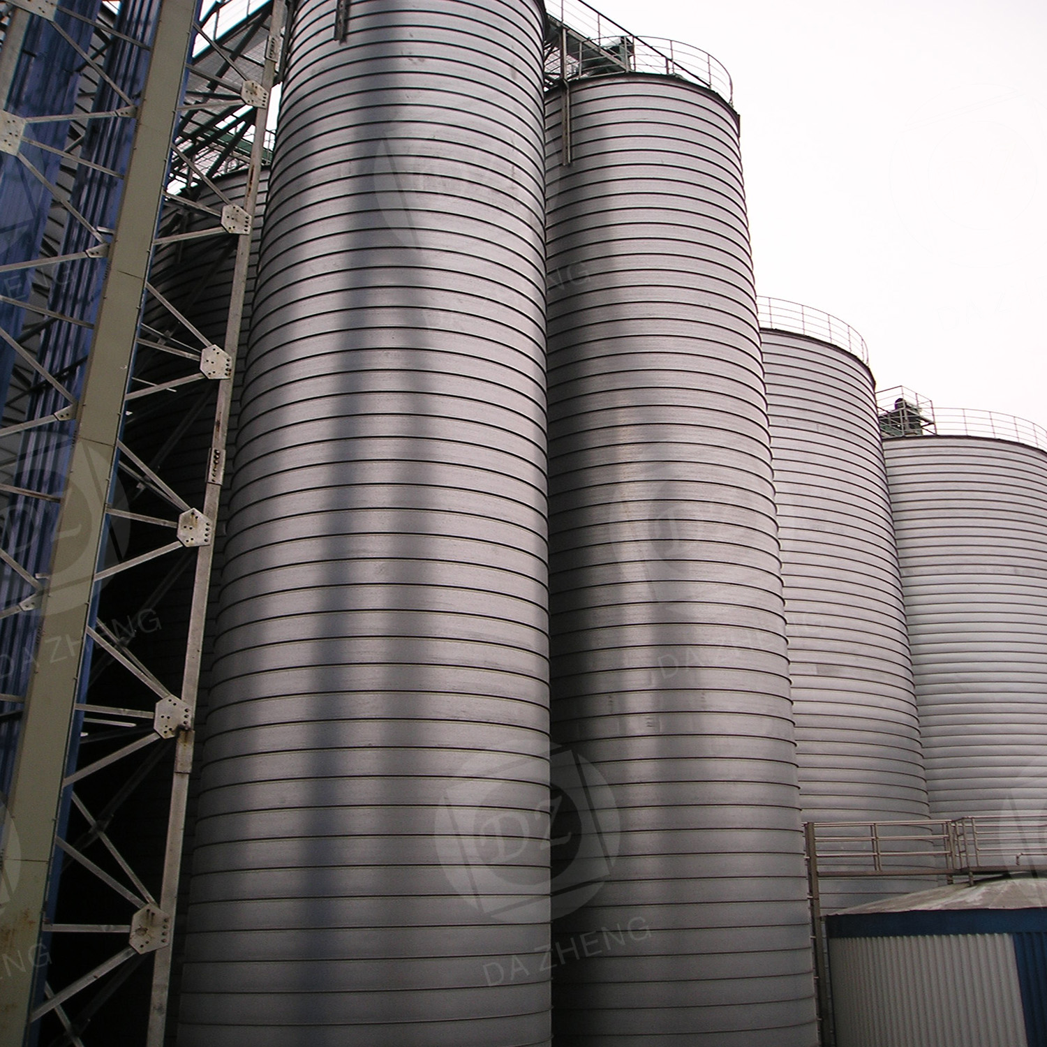 Large steel plate silo for grain processing
