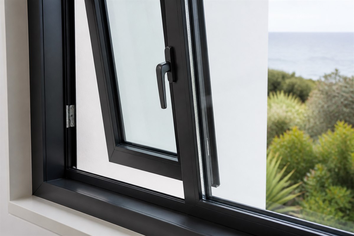 Close-up of double glazing, seals and hardware on a black aluminium casement window