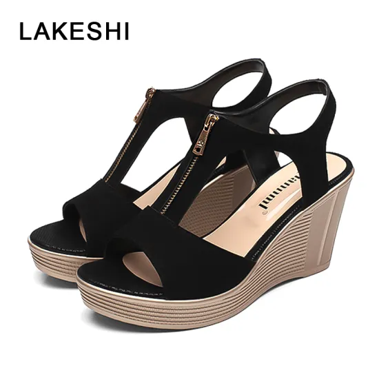 LAKESHI Women Sandals Wedge Sandals Platform Zip Summer Women Shoes Black Peep Toe Ladies Sandals 2019 Women Shoes Big Size 43