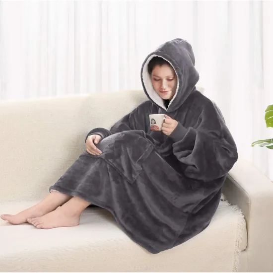 Wearable Hoodie Sherpa soild Blanket Sweatshirt with Hood Pocket and Sleeves Super Soft Warm Comfy Plush Hooded Blanket