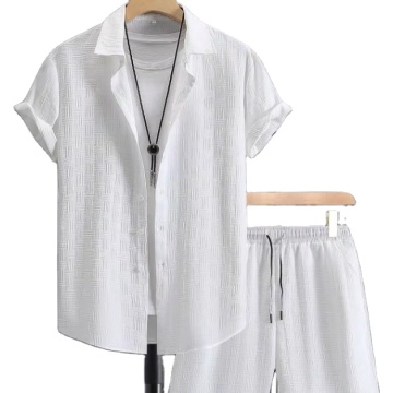 Black and White Jacquard Short Sleeve Shirt for Men's Summer Vacation Casual Wear