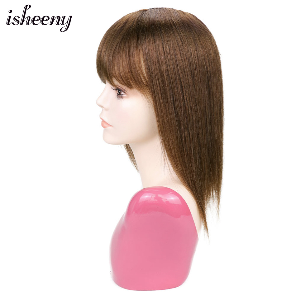 Isheeny 8"-18" Human Hair Topper Brown Color With Bangs 13x13cm Lace Middle Part Clip In Hair Piece Machine Made Weft Base Wig