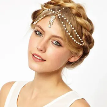 NJC Wholesale Gothic Pearl Hair Band Retro Fashion Bride Headband with Tassel Chains