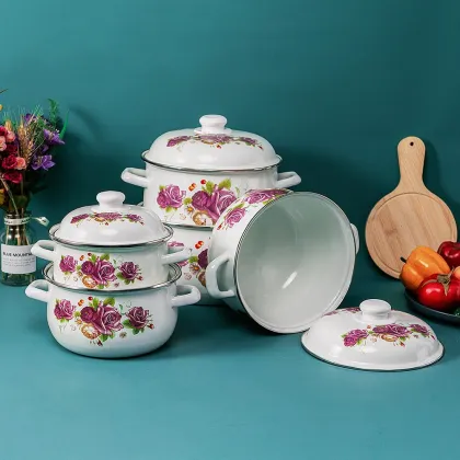 Purple Eternal Rose Cast-Iron Enamel Casserole Table Cookware Pot Set