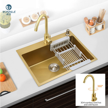 Handcrafted Multi-Functional Stainless Steel Kitchen Sink with Gold Finish - Single Bowl Design
