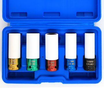 5PC 1/2 Inch Square Drive Deep Impact Color Socket Set for Wheel Protector and Impact Socket Applications