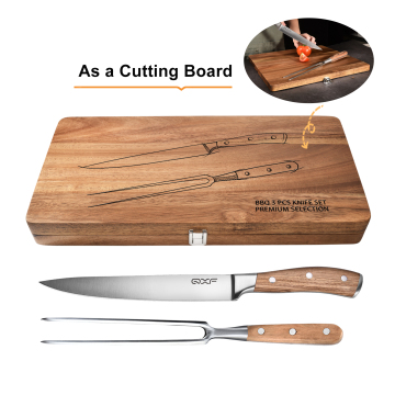 High End Multi-functional 3 PCS BBQ Knife Set with Gift Box, Including 8 Inch Carving Knife & Fork, Wooden Cutting Board