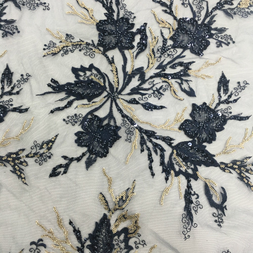 Tissu de broderie de paillettes de perles de couleur marine