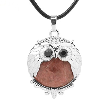 Rhodochrosite 24mm Beads Silver Owl Pendant Necklace 45cm Black Cord