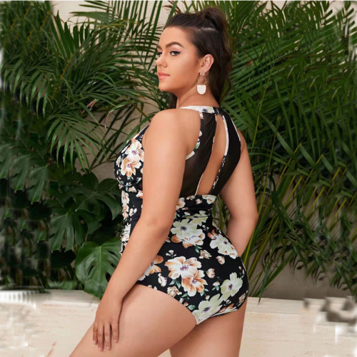 Sexy Printing Beach Swimwear Women One Piece High Neck Mesh Ruched Swimsuit Factory