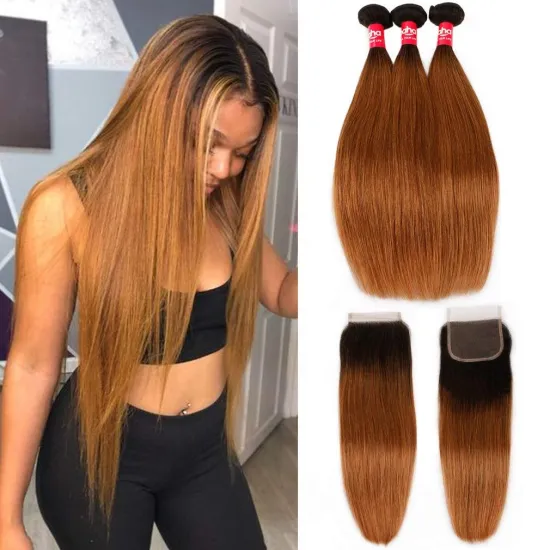 Brazilian straight hair 3 drawstring hair block 1B/30 8A gradient braided drawstring lace closed gradient color hair extension