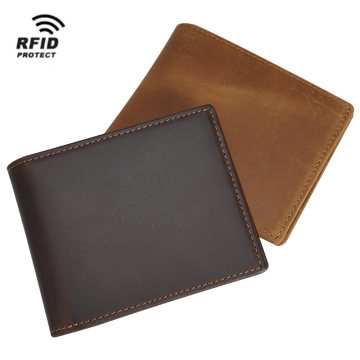 Custom Brown Full Grain Genuine Leather Short Wallet Men Crazy Horse Anti Blocking Pure Leather Bifold Wallet For Man