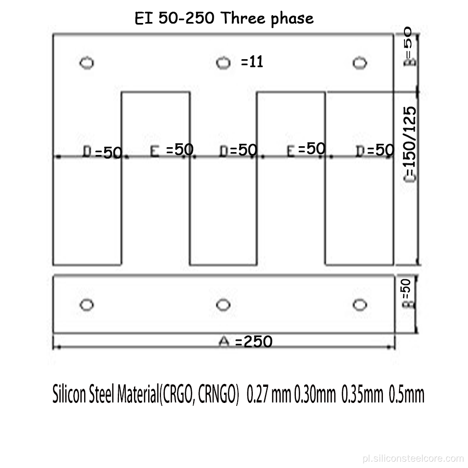 Laminas silicosas, EI 50-250, z 3 otworami; USO: Laminas parte de Transformadores;