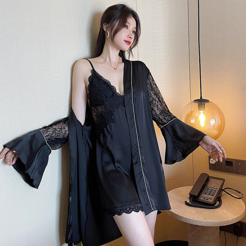 Paneled Long-Sleeve Robe Slip Dress