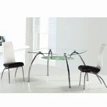 Dining set with electroplated metal frame, glass top and black PU seat