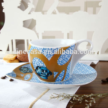 Napoli Gift Collection 230CC Hyper White Porcelain Ceramic Gold Rim Coffee Cup with Saucer of Cini with Flower