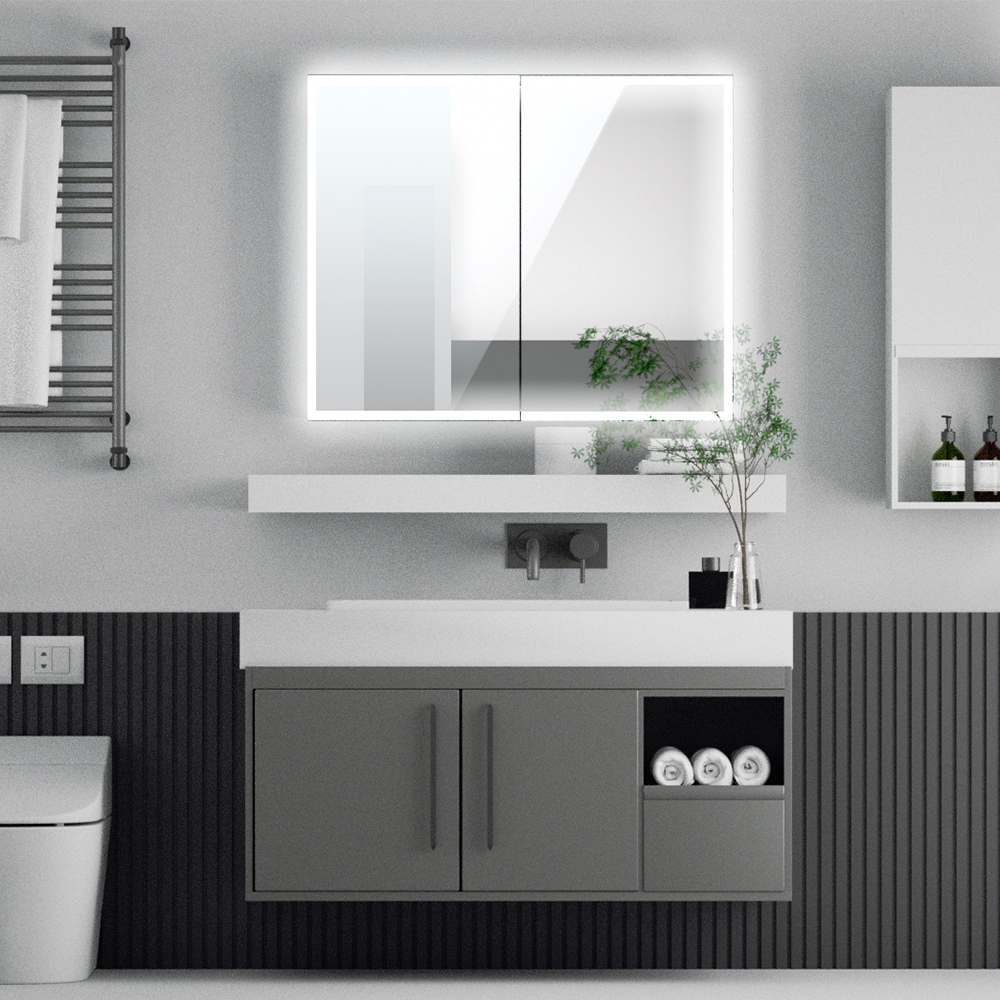 Illuminated bathroom mirror cabinet