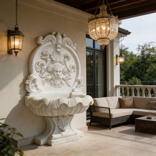 Handcrafted Marble Wall Fountain Featuring Floral