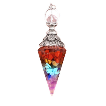 7 Chakra Chip Stone Resin Antique Silver Hexagonal Cone Pendant & Pendulum