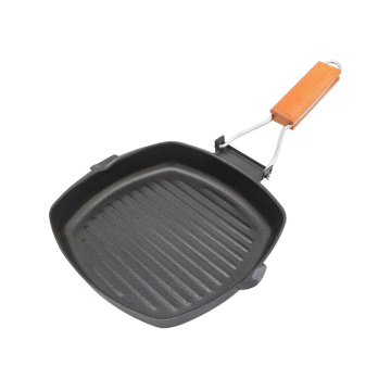 Baja karbon besi 24cm non-stick outdoor bbq steak wajan dengan pegangan kayu lipat