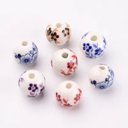 12mm Ceramic Clay Round Flower Printed Porcelain Beads - Pandahall