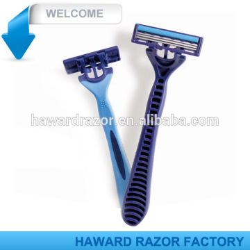 triple blade with lubricant strip, rubber handle disposable shave