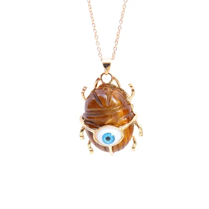 Yellow Tiger Eye Stone Golden Beetle Eye Pendant Necklace 45CM Chain