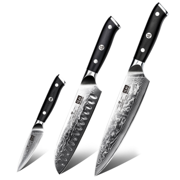 Professional SHANZU 3-Piece Japanese Style Damascus Steel Chef Knife Set with G10 Handles and 10Cr Steel Blades