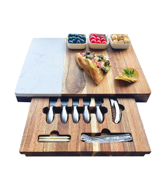 Hot Selling White Marble and Acacia Wood Chopping Board Set with Ceramic Dishes, Knives, and Wine Opener