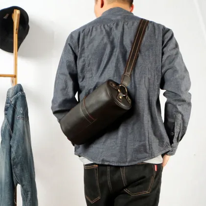 Leather Cool Barrel Sling Crossbody Bag for men