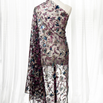 Wholesale African Sequin Lace Fabric with Embroidered Plants and Animals Patterns in Polyester Net