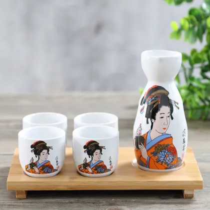 Japanese Ceramic Sake Set with Bamboo Tray