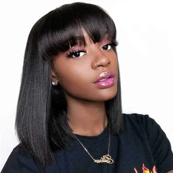 Dropshipping Natural Black Short Pixie Cut Bob Wigs with Bangs Cheap No Lace Machine Made Virgin Peruvian Human Hair Bob Wigs