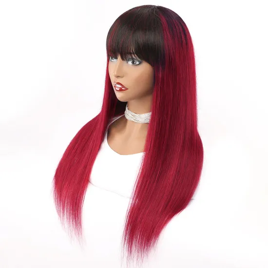 Brazilian 100% Human Hair Straight Full Machine Made Wig Remy Hair for Women Ombre 1b Red 99J Burg Color Non Lace Wig with Bangs