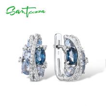 SANTUZZA Silver Earrings For Women Authentic 925 Sterling Silver Shimmering Blue Cubic Zirconia Glamorous серьги Fine Jewelry