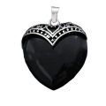 Black Onyx Antique Silver Alloy Heart Pendant Necklace 45cm Black Cord