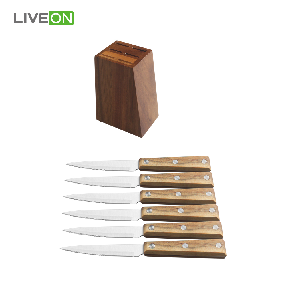 Bloque de madera serrado cuchillo de carne con mango de madera