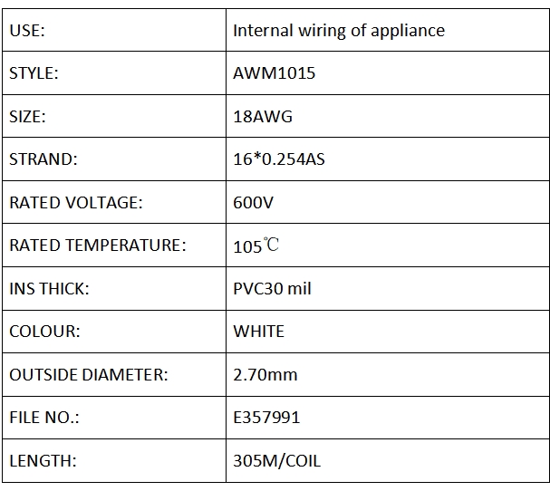 PVC ELECTRIC WIRE UL1015 18# WHITE