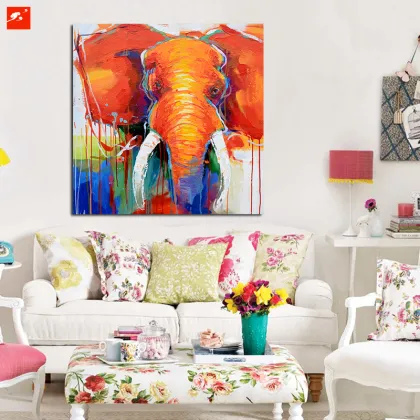 Orange Elephant Oil Painting with Frame