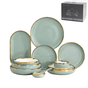 Light Green Gold Rim Porcelain Dinnerware Set - Creative Household Tableware Combination