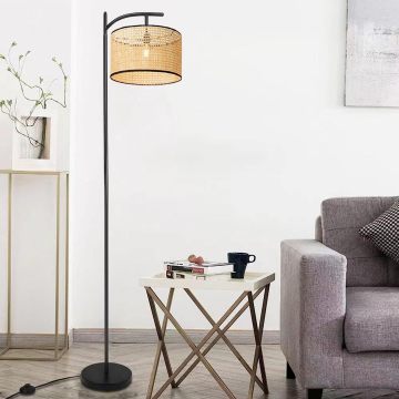 Bohemian Style Metal Base Standing Floor Lamp with Rattan Shade