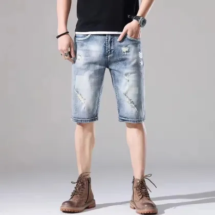 Men's Solid Color Casual Denim Shorts - Board Shorts for Beach