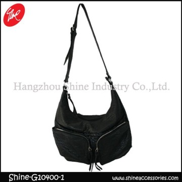 Fashion washed bag two outside pockets shoulder bag/tassel zippers sling bag