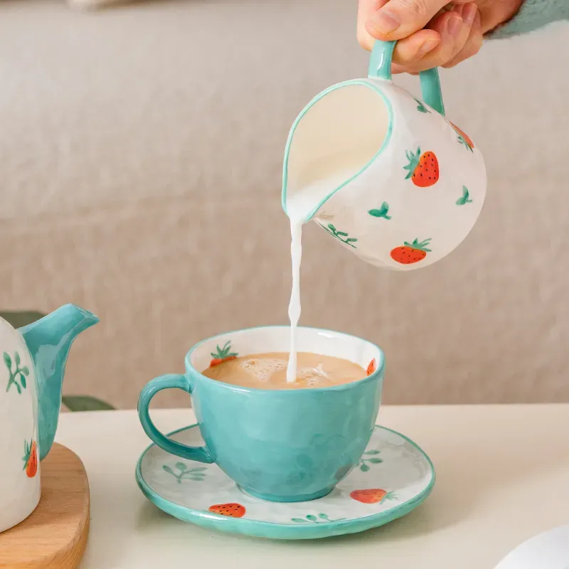 Hand-Painted Strawberry Cup and Saucer Set