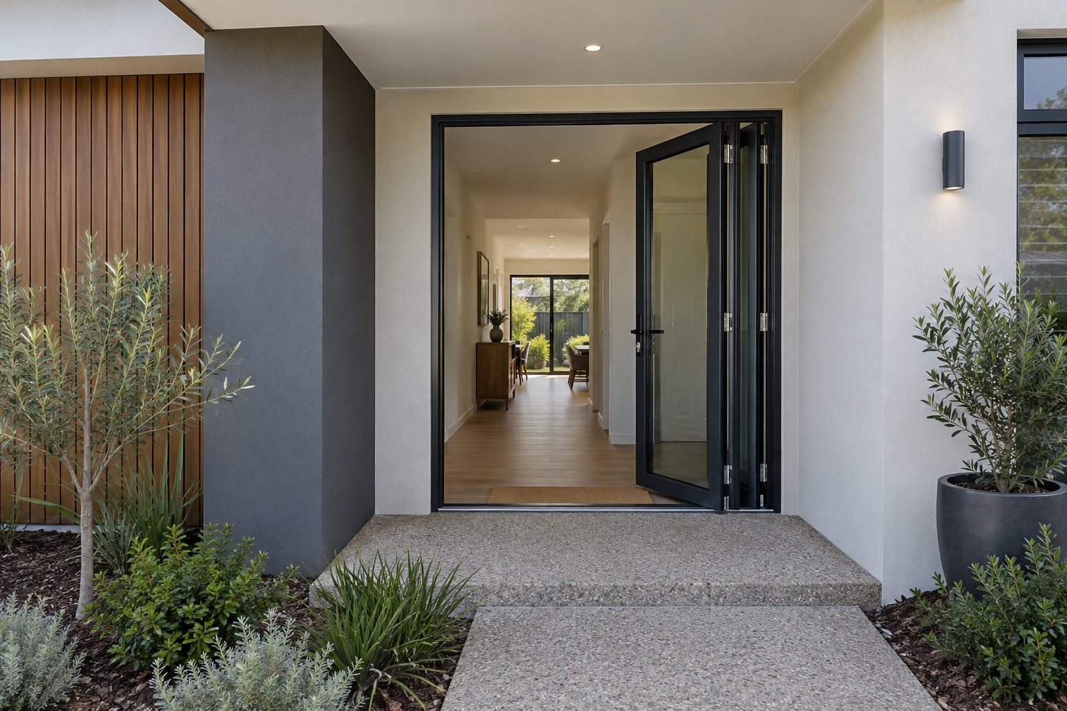 Covered Australian home entrance with a partly open two-leaf aluminium bifold door