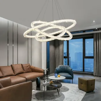 LED Silver Chandelier Adjustable Stainless Steel Ceiling Light Rings Round Pendant Lighting