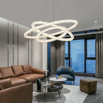 LED Silver Chandelier Adjustable Stainless Steel Ceiling Light Rings Round Pendant Lighting