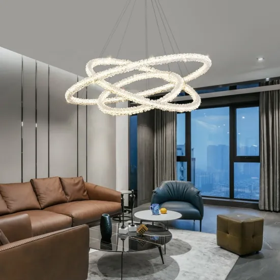 LED Silver Chandelier Adjustable Stainless Steel Ceiling Light Rings Round Pendant Lighting
