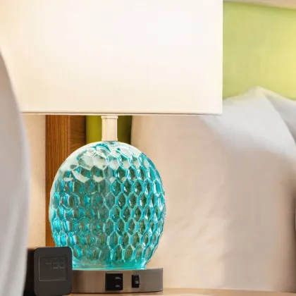 Chelsea Hotel Suite Lamp: Blue Glass Desk Lamp with Rocker Switch