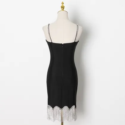 Sexy Backless Diamond Strap Deep V Club Dress